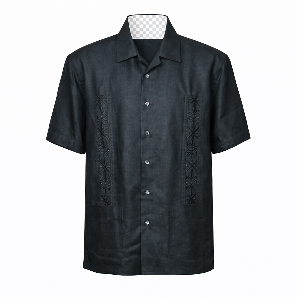 112t0069 Artollini Black Short Sleeve Cuban Embroidered Shirt